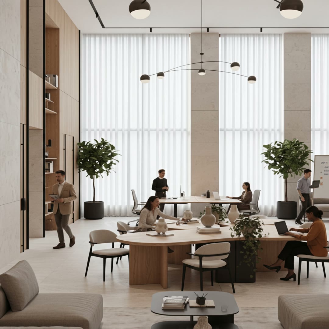 A bright, plant-filled modern coworking space